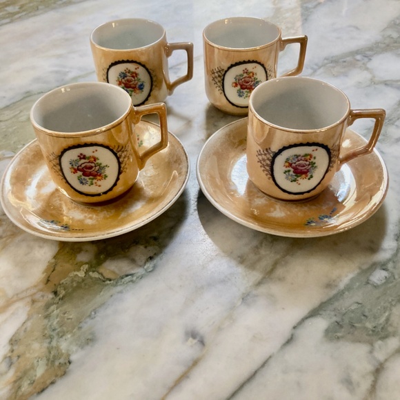 Japanese Orange Porcelain Lustreware 4 Demitasse Cups & 2 Saucers, 1940's - Picture 12 of 13